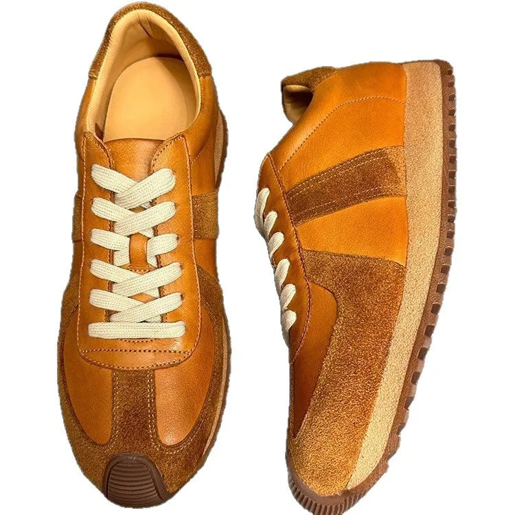 Men's Youth Trendy Sneakers Top Grain Cowhide Leather Color Blocking Mid Heel Casual Walking Shoes Brown Dark Blue Black