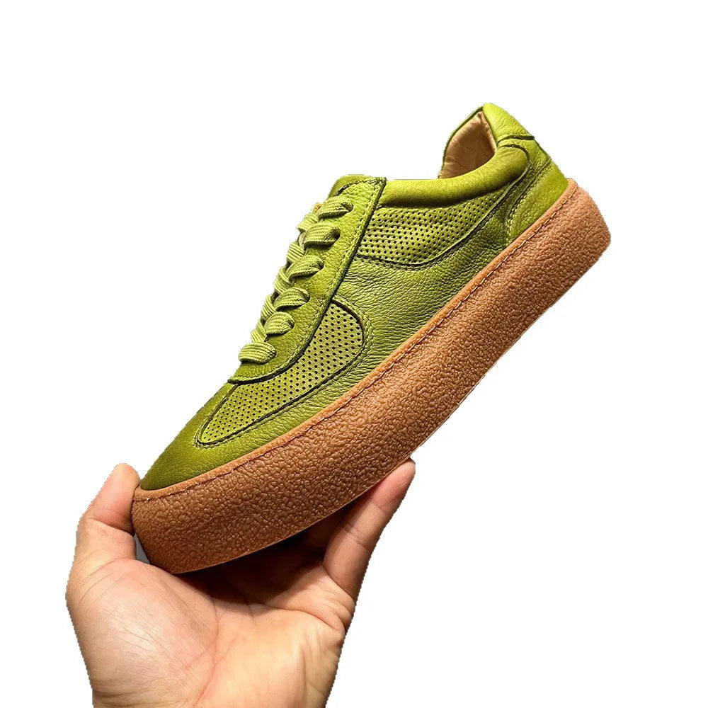 Genuine Leather Perforated Breathable Front Laces Casual Sneakers Green Thick Sole Adhesive Sole Low Heel Youth Fashion Chunky