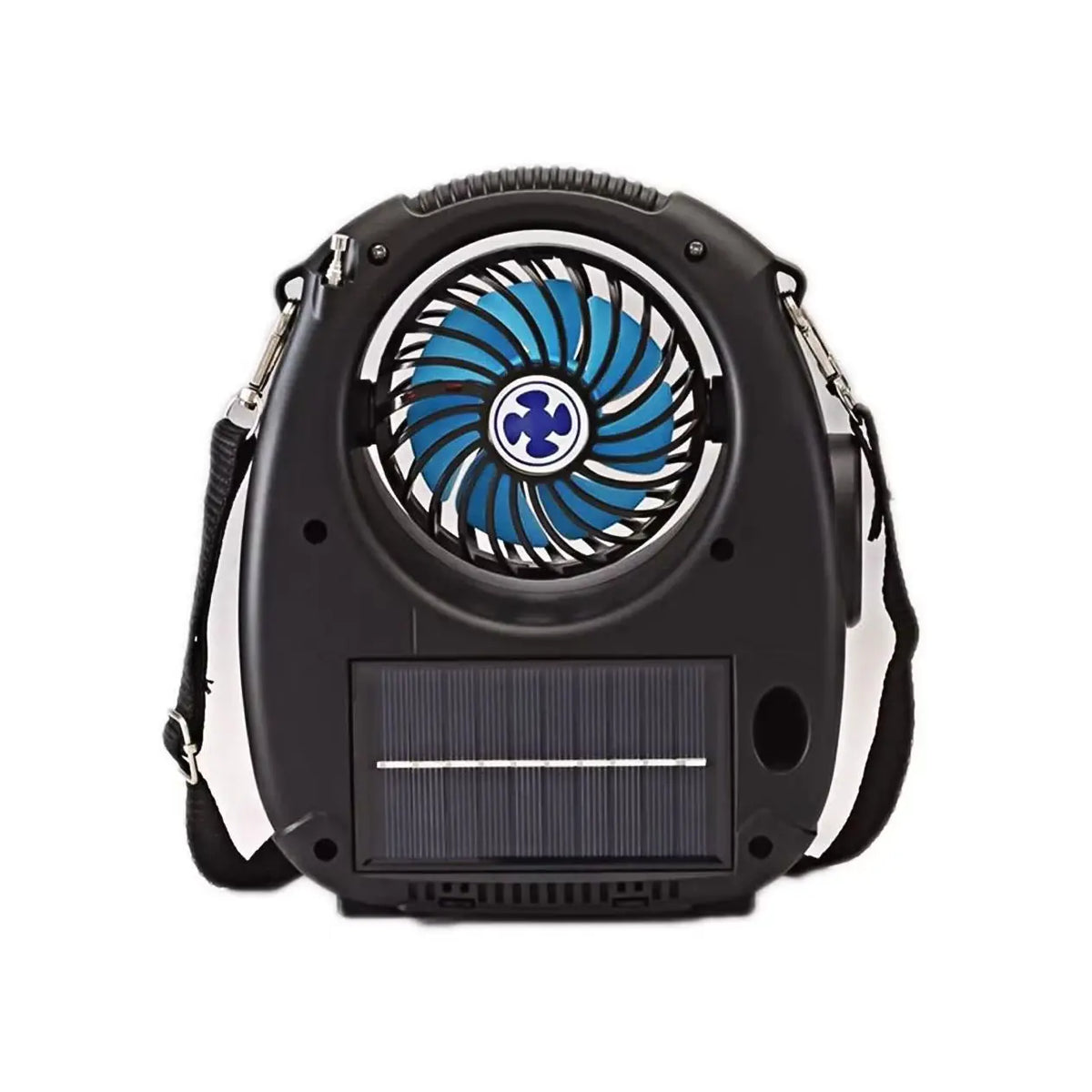 Outdoor Cooling Fan Bluetooth Speaker with FM Radio, Flashlight, Solar Charging, Strap for Universal Cell Phone
