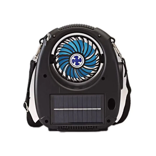 Outdoor Cooling Fan Bluetooth Speaker with FM Radio, Flashlight, Solar Charging, Strap for Universal Cell Phone