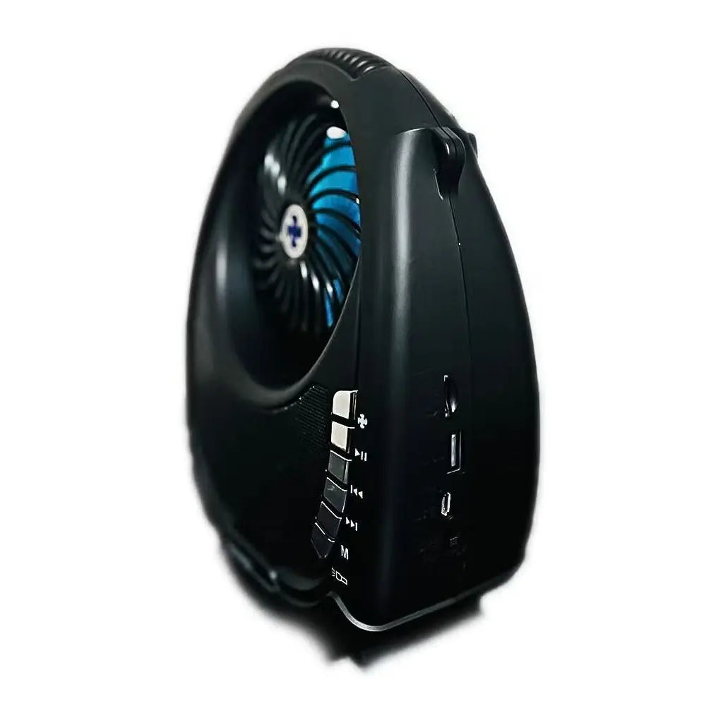 Outdoor Cooling Fan Bluetooth Speaker with FM Radio, Flashlight, Solar Charging, Strap for Universal Cell Phone