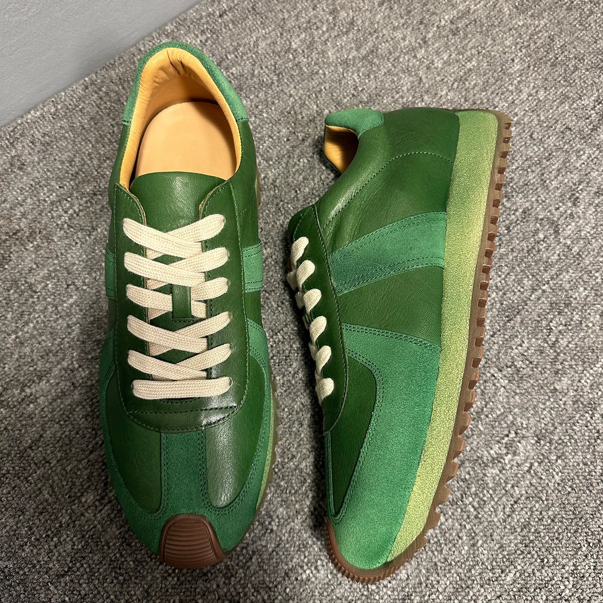 QHCCID Green Leather Sneakers Low Heel Rubber Outsole Casual Men's Chunky Shoes