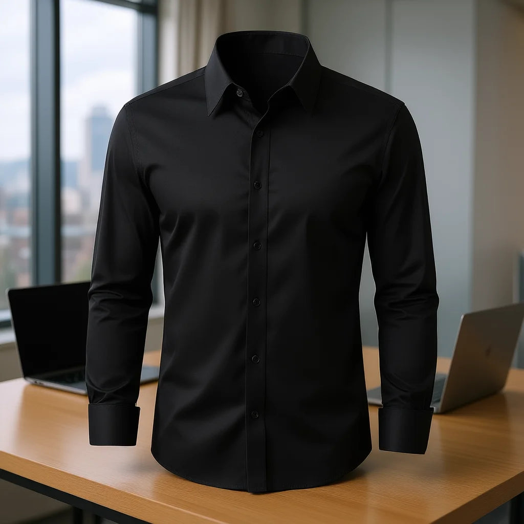 Men's Slim Fit Autumn Poplin Dress Shirt Long Sleeve Black Soft Stretch Wrinkle Free Business Formal Wedding Wear