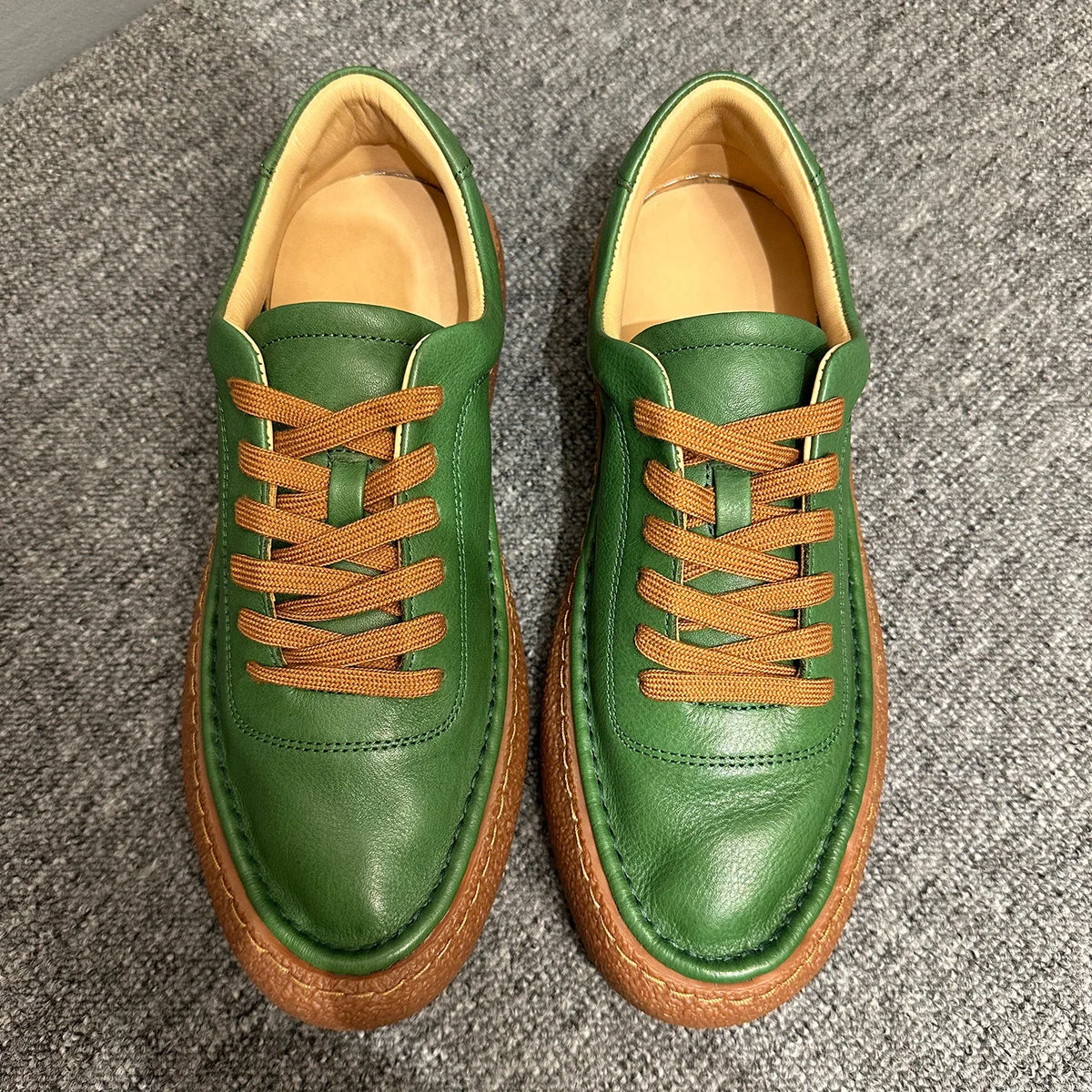 Genuine Leather Men's Sneakers Green Low Top Lace up Casual Shoes Soft Cowhide Chunky Sole Fashionable Simple Design Youth