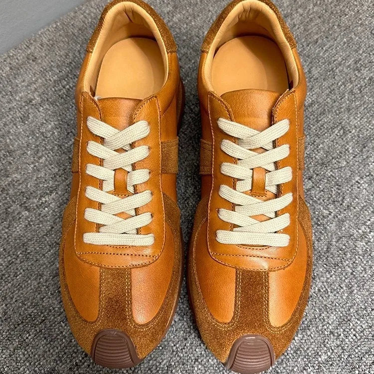 Men's Youth Trendy Sneakers Top Grain Cowhide Leather Color Blocking Mid Heel Casual Walking Shoes Brown Dark Blue Black