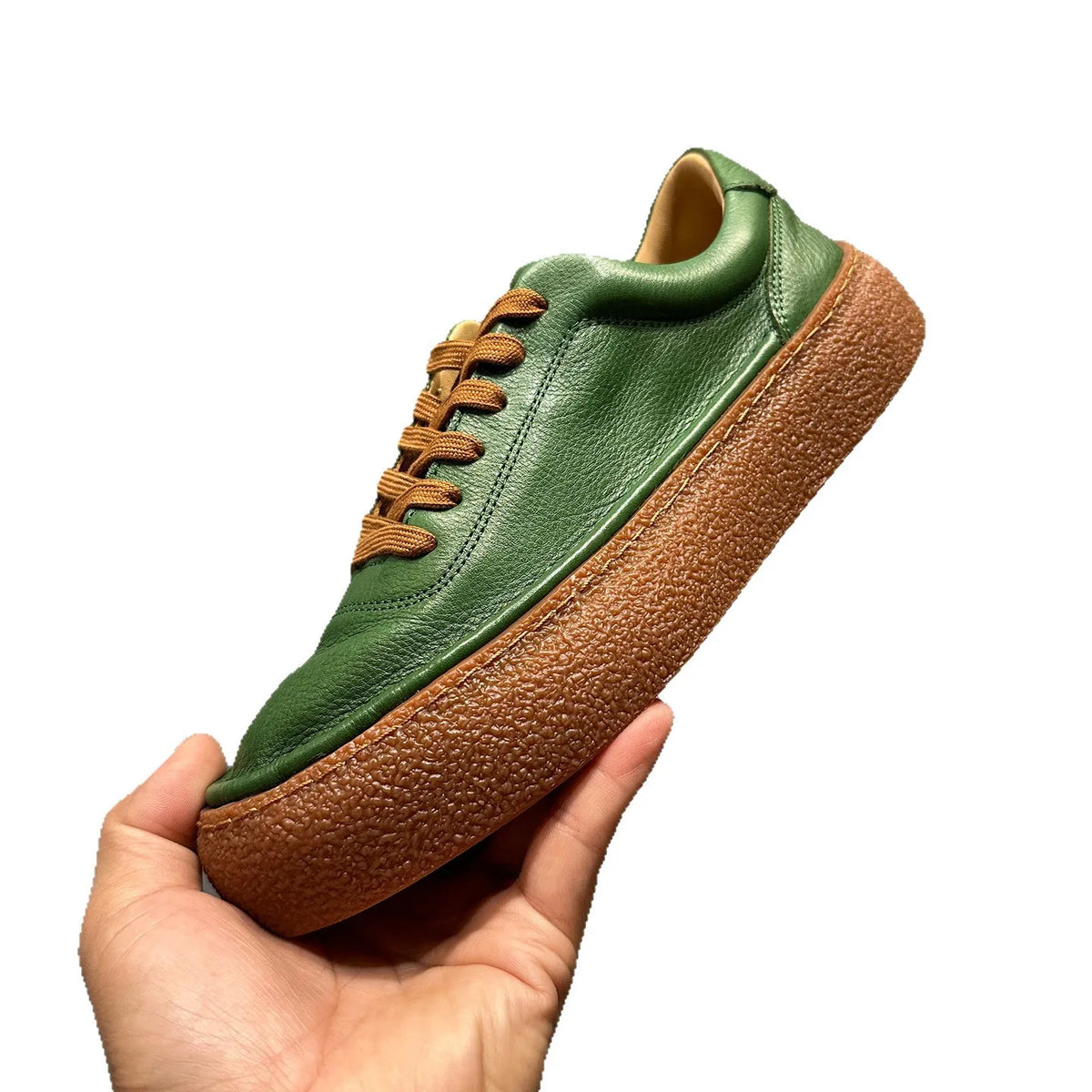 Genuine Leather Men's Sneakers Green Low Top Lace up Casual Shoes Soft Cowhide Chunky Sole Fashionable Simple Design Youth