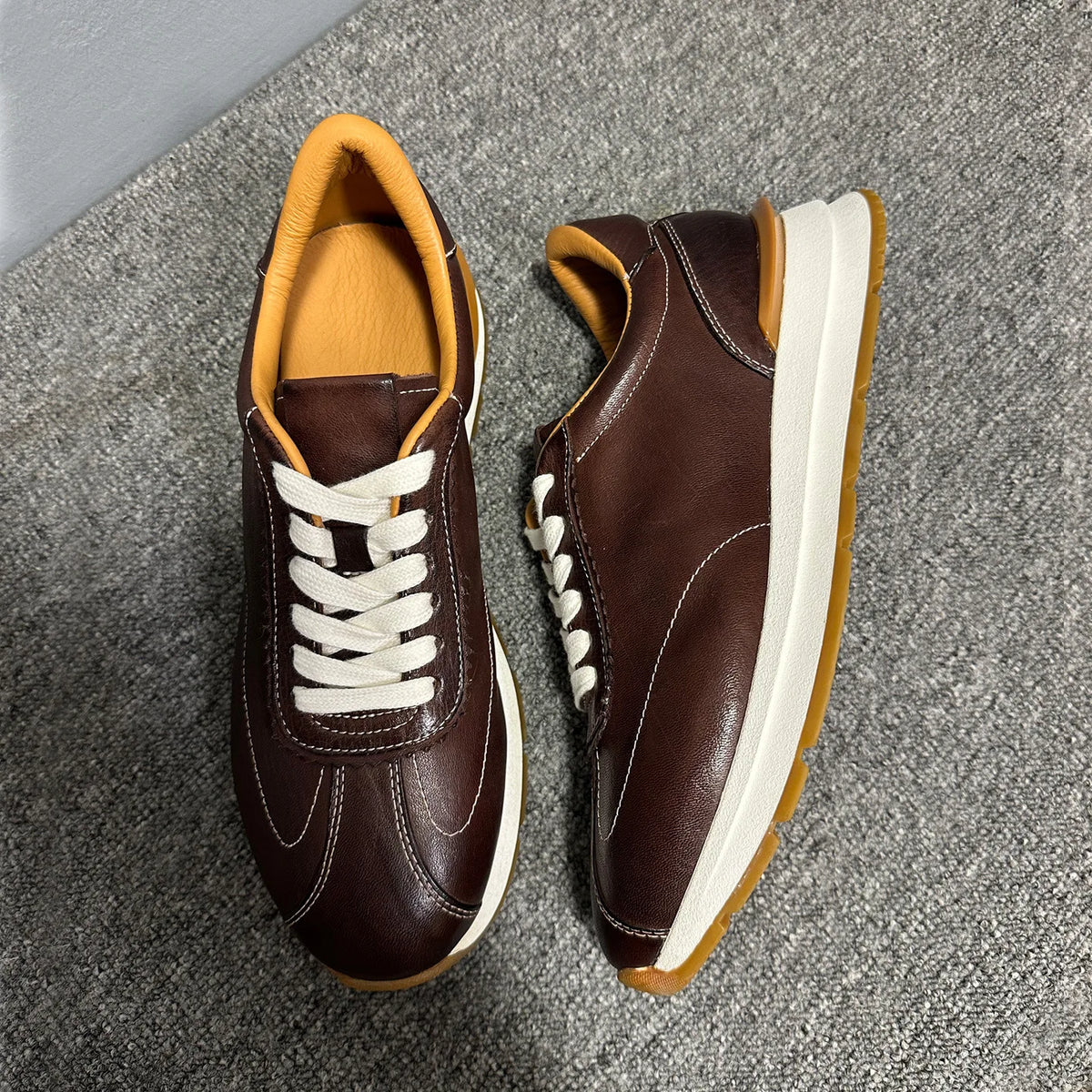 Men's Genuine Leather Casual Sneakers Dark Brown Soft Sole Daily Wear Walking Shoes