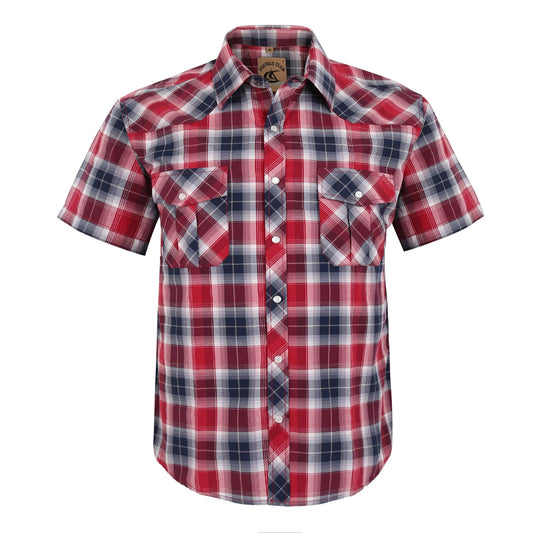 Men Pearl Snap Short Sleeve Western Cowboy Shirt Plaid Pattern with Buttons Two Front Pockets