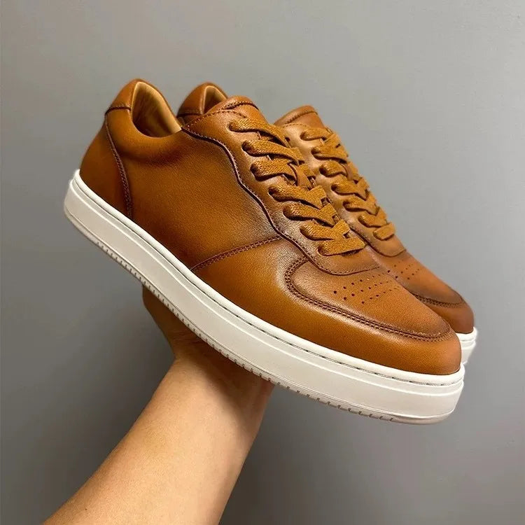 Brown Leather Low Top Sneakers Men Youth Casual Retro Fashionable Breathable Mid Heel White Sole Trendy Summer Style Black