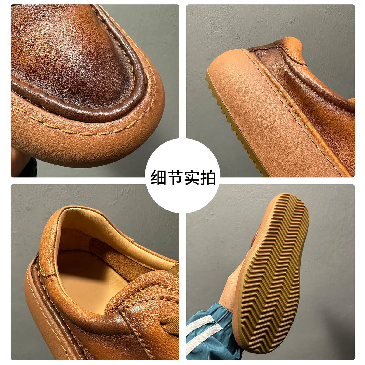 Qinhong Kuqi Men's Genuine Leather Casual Sneakers Dark Brown Thick Sole Mid Heel Handmade Front Laces Solid Color Chunky Shoes