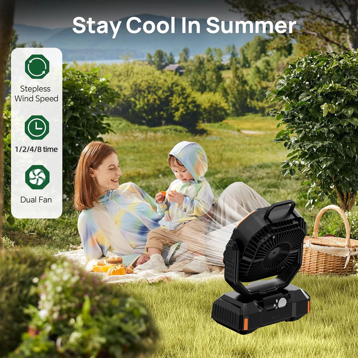 F22S 40000mAh Ventilateur Big Battery Double Motor USB Portable Camping Fan Rechargeable with Power Bank Night Light for Tent