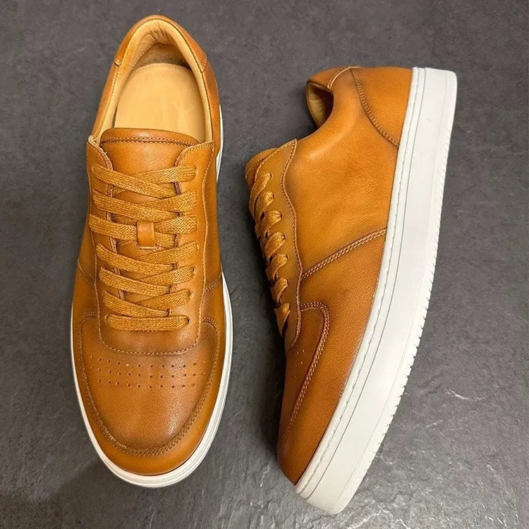 Brown Leather Low Top Sneakers Men Youth Casual Retro Fashionable Breathable Mid Heel White Sole Trendy Summer Style Black