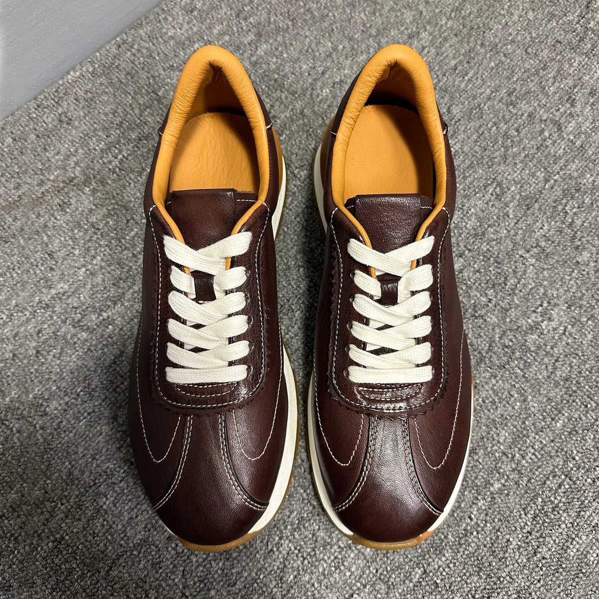Men's Genuine Leather Casual Sneakers Dark Brown Soft Sole Daily Wear Walking Shoes