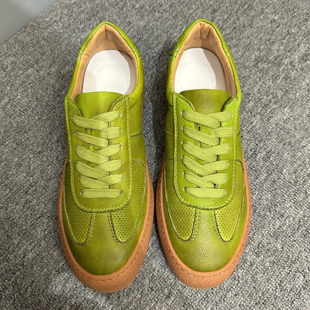 Genuine Leather Perforated Breathable Front Laces Casual Sneakers Green Thick Sole Adhesive Sole Low Heel Youth Fashion Chunky