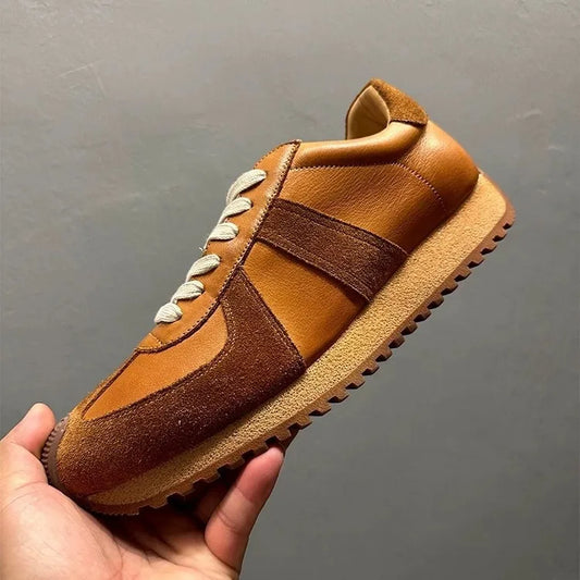 Men's Youth Trendy Sneakers Top Grain Cowhide Leather Color Blocking Mid Heel Casual Walking Shoes Brown Dark Blue Black