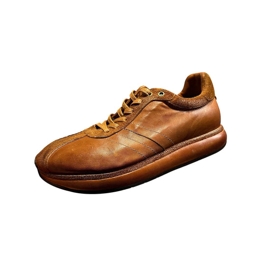 Retro Horsehide Leather Sneakers Men Lace Casual Sports Thick Sole Low Heel Daily Wear Elephant Gray Brown Black Leather