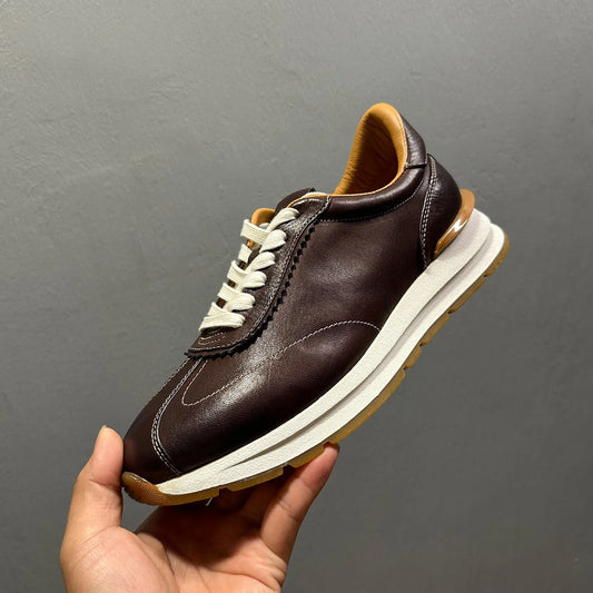 Men's Genuine Leather Casual Sneakers Dark Brown Soft Sole Daily Wear Walking Shoes