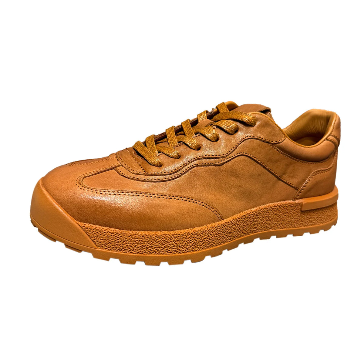 Retro Genuine Leather Platform Sneakers Brown Low Heel Casual Shoes For Men Solid Color Lace Up Chunky Sole Adhesive