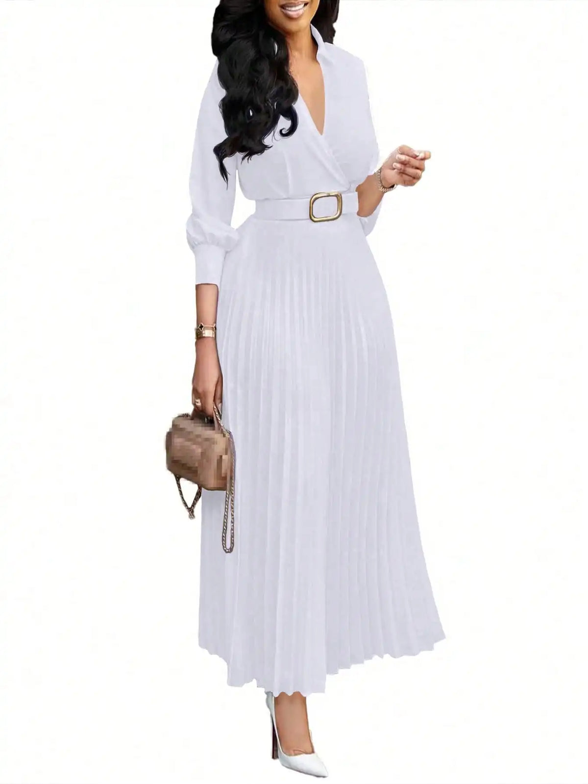 2026 Trendy Spring Dresses Women Lady Elegant Long Sleeve V-neck Pleated Office Dress Elegant Casual Dresses With Belt