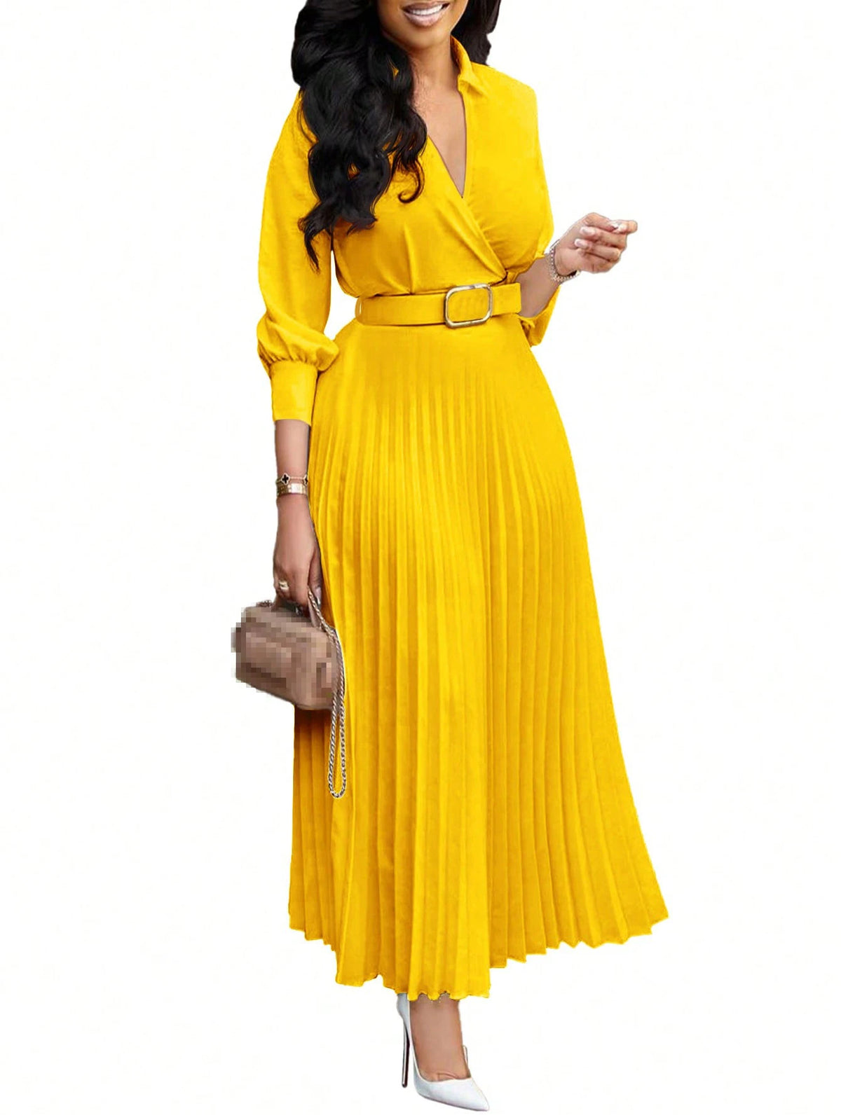 2026 Trendy Spring Dresses Women Lady Elegant Long Sleeve V-neck Pleated Office Dress Elegant Casual Dresses With Belt