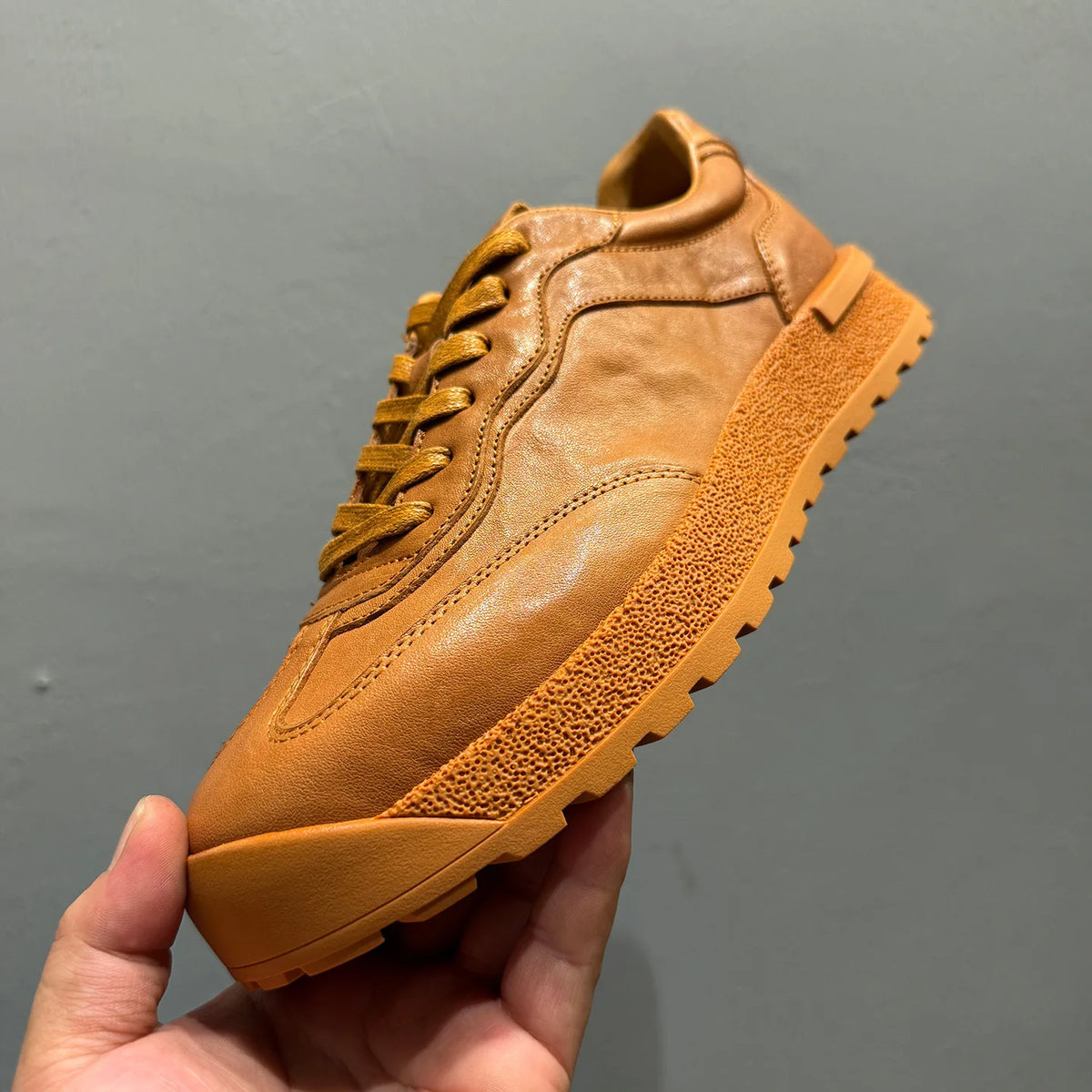 Retro Genuine Leather Platform Sneakers Brown Low Heel Casual Shoes For Men Solid Color Lace Up Chunky Sole Adhesive