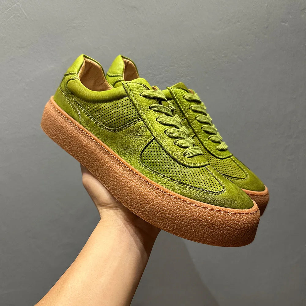 Genuine Leather Perforated Breathable Front Laces Casual Sneakers Green Thick Sole Adhesive Sole Low Heel Youth Fashion Chunky