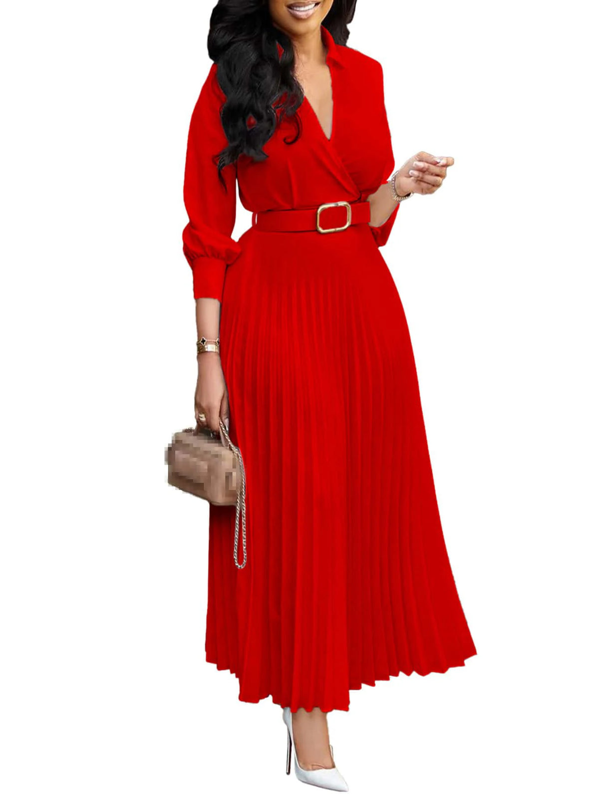 2026 Trendy Spring Dresses Women Lady Elegant Long Sleeve V-neck Pleated Office Dress Elegant Casual Dresses With Belt