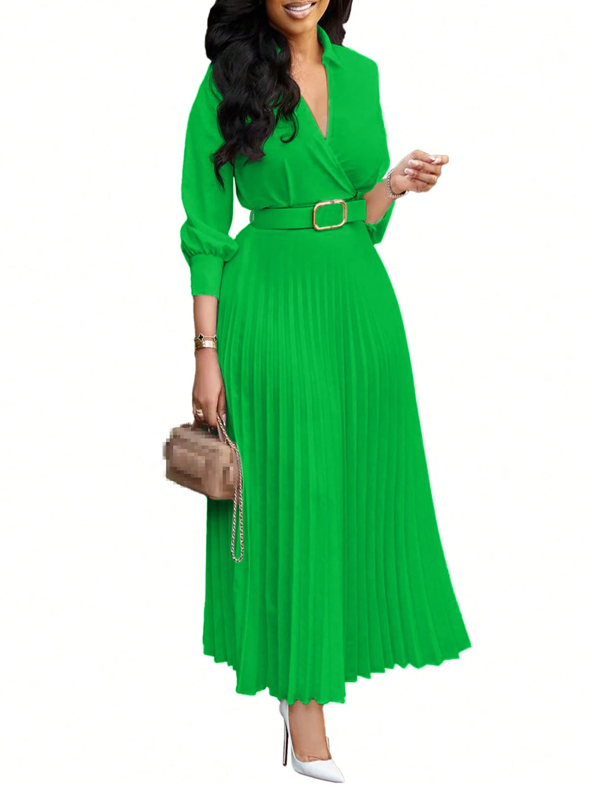 2026 Trendy Spring Dresses Women Lady Elegant Long Sleeve V-neck Pleated Office Dress Elegant Casual Dresses With Belt