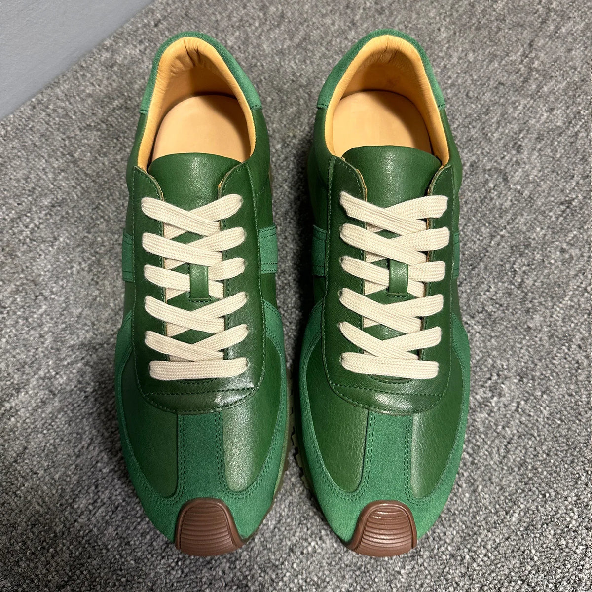 QHCCID Green Leather Sneakers Low Heel Rubber Outsole Casual Men's Chunky Shoes