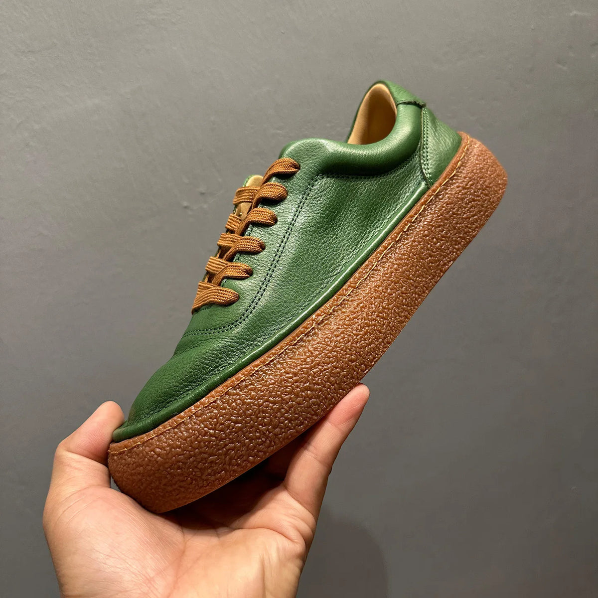 Genuine Leather Men's Sneakers Green Low Top Lace up Casual Shoes Soft Cowhide Chunky Sole Fashionable Simple Design Youth