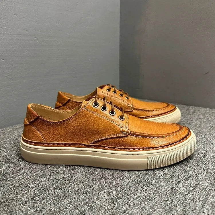 Men's Genuine Leather Casual Shoes Brown Low Top Flat Heel Front Laces Solid Color Breathable Walking Style Sneakers