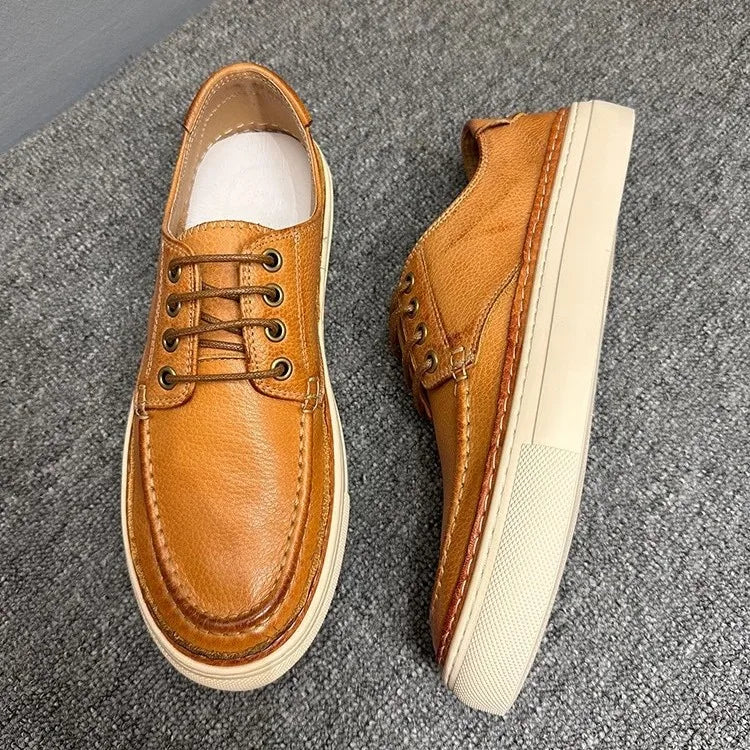 Men's Genuine Leather Casual Shoes Brown Low Top Flat Heel Front Laces Solid Color Breathable Walking Style Sneakers