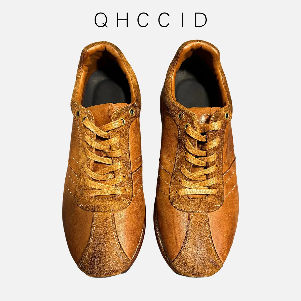 Retro Horsehide Leather Sneakers Men Lace Casual Sports Thick Sole Low Heel Daily Wear Elephant Gray Brown Black Leather