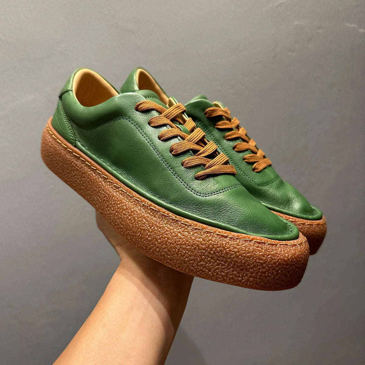 Genuine Leather Men's Sneakers Green Low Top Lace up Casual Shoes Soft Cowhide Chunky Sole Fashionable Simple Design Youth