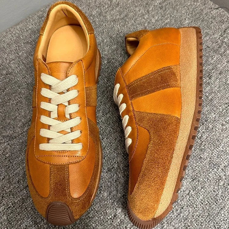 Men's Youth Trendy Sneakers Top Grain Cowhide Leather Color Blocking Mid Heel Casual Walking Shoes Brown Dark Blue Black