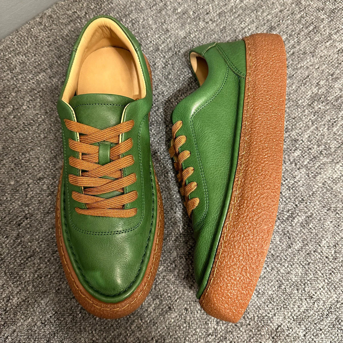 Genuine Leather Men's Sneakers Green Low Top Lace up Casual Shoes Soft Cowhide Chunky Sole Fashionable Simple Design Youth