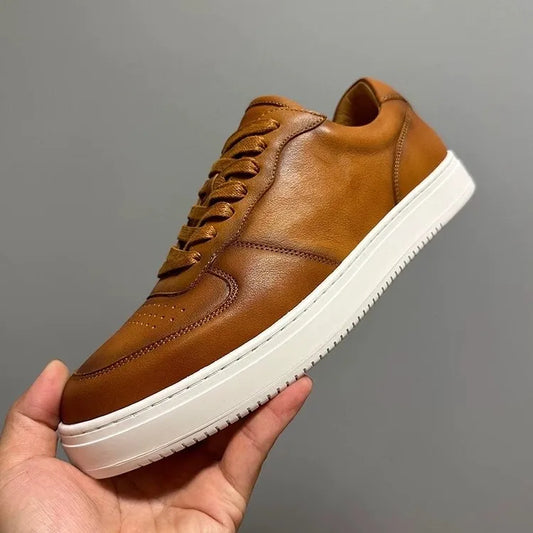 Brown Leather Low Top Sneakers Men Youth Casual Retro Fashionable Breathable Mid Heel White Sole Trendy Summer Style Black