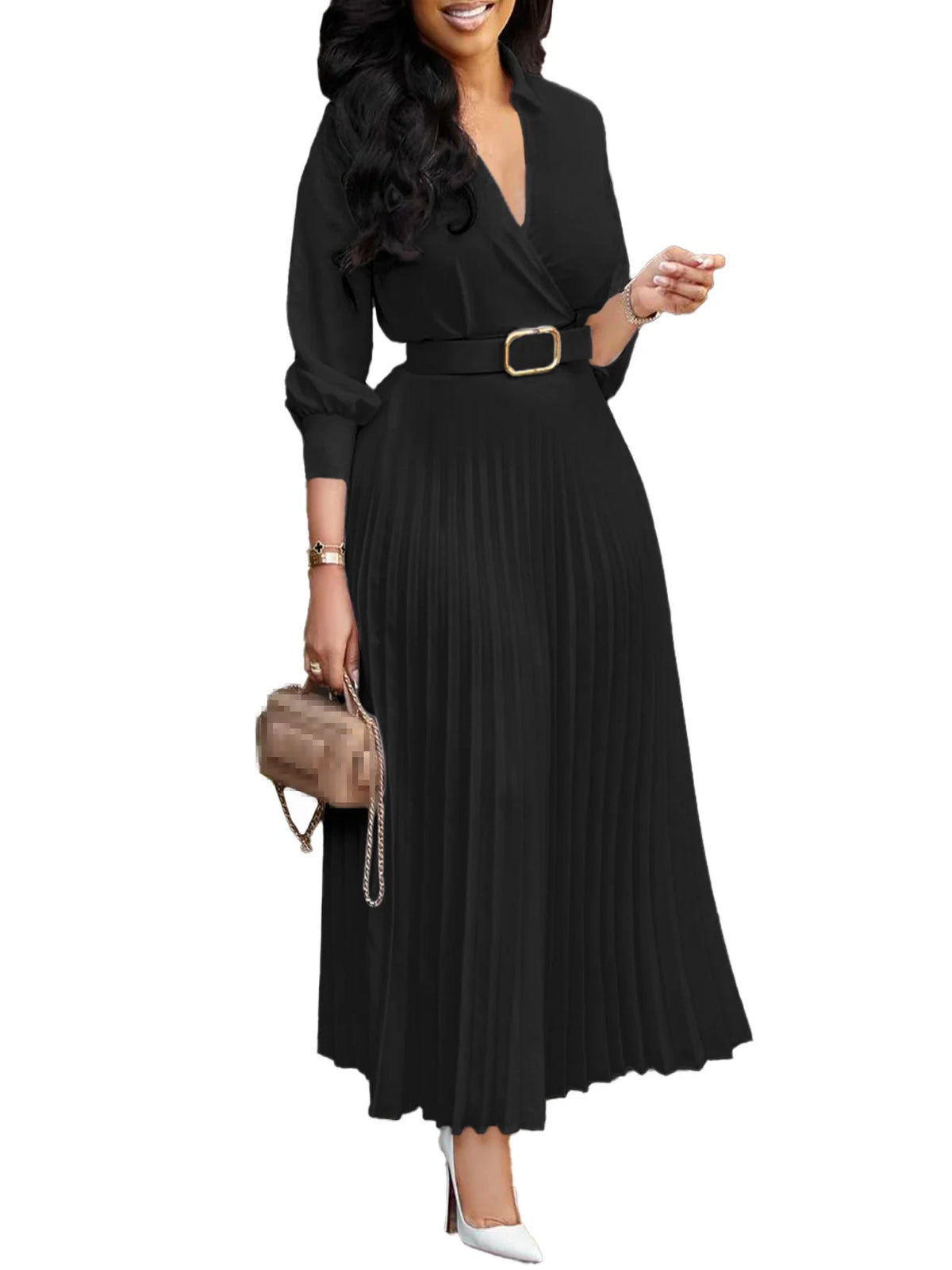 2026 Trendy Spring Dresses Women Lady Elegant Long Sleeve V-neck Pleated Office Dress Elegant Casual Dresses With Belt
