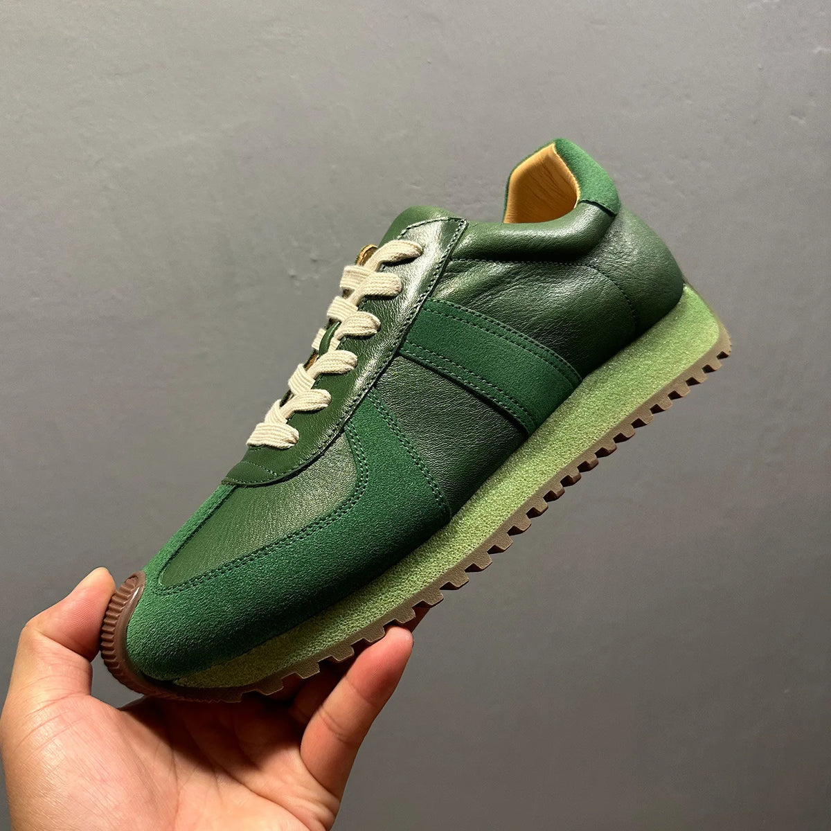 QHCCID Green Leather Sneakers Low Heel Rubber Outsole Casual Men's Chunky Shoes