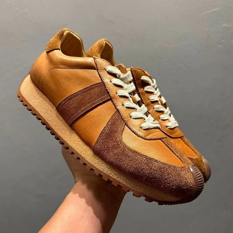 Men's Youth Trendy Sneakers Top Grain Cowhide Leather Color Blocking Mid Heel Casual Walking Shoes Brown Dark Blue Black