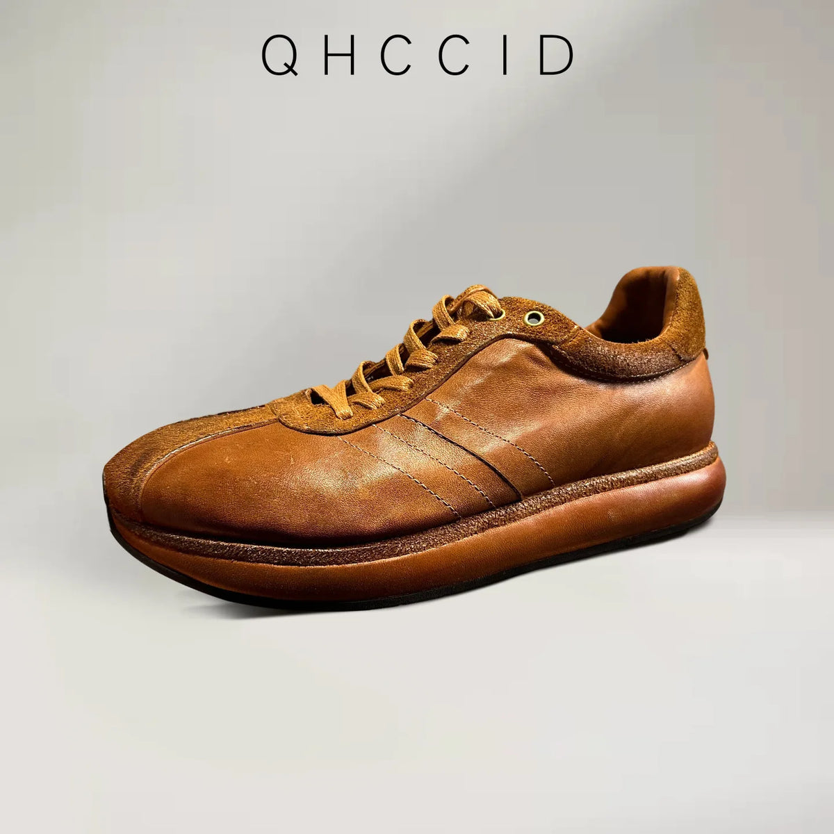 Retro Horsehide Leather Sneakers Men Lace Casual Sports Thick Sole Low Heel Daily Wear Elephant Gray Brown Black Leather