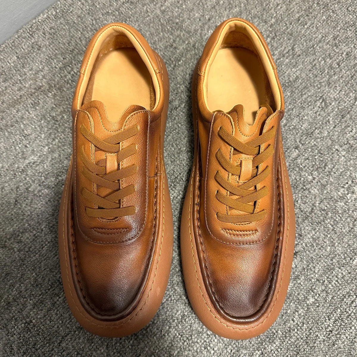Qinhong Kuqi Men's Genuine Leather Casual Sneakers Dark Brown Thick Sole Mid Heel Handmade Front Laces Solid Color Chunky Shoes