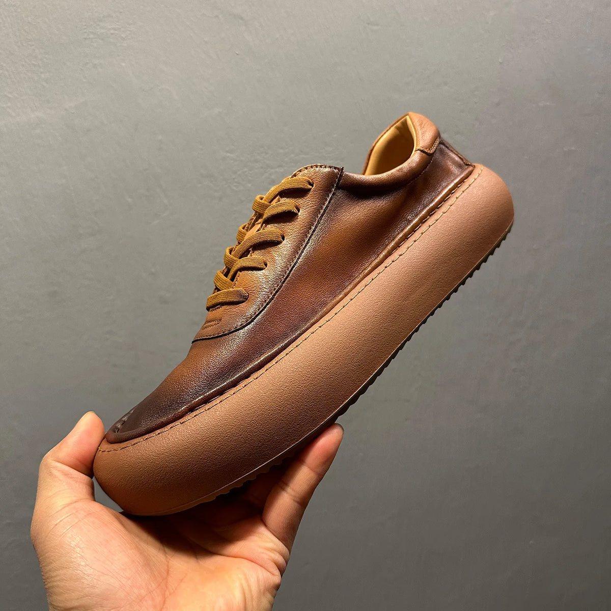 Qinhong Kuqi Men's Genuine Leather Casual Sneakers Dark Brown Thick Sole Mid Heel Handmade Front Laces Solid Color Chunky Shoes