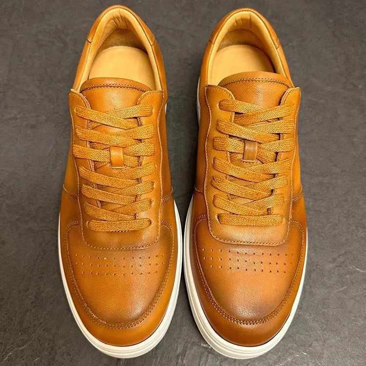Brown Leather Low Top Sneakers Men Youth Casual Retro Fashionable Breathable Mid Heel White Sole Trendy Summer Style Black