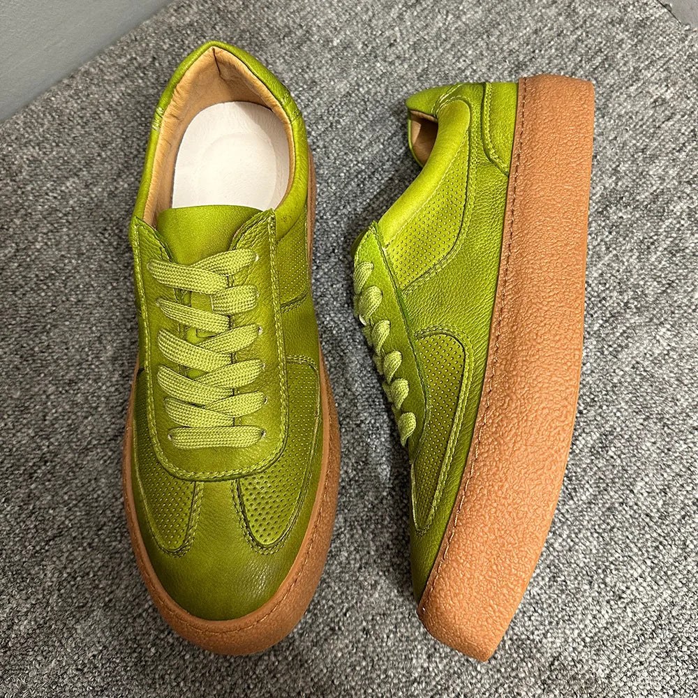 Genuine Leather Perforated Breathable Front Laces Casual Sneakers Green Thick Sole Adhesive Sole Low Heel Youth Fashion Chunky