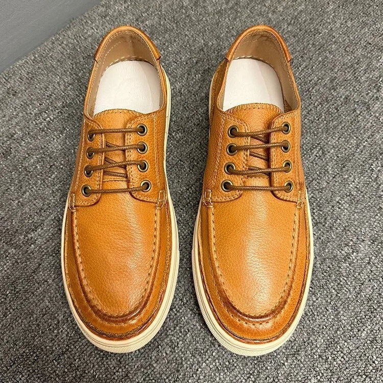 Men's Genuine Leather Casual Shoes Brown Low Top Flat Heel Front Laces Solid Color Breathable Walking Style Sneakers