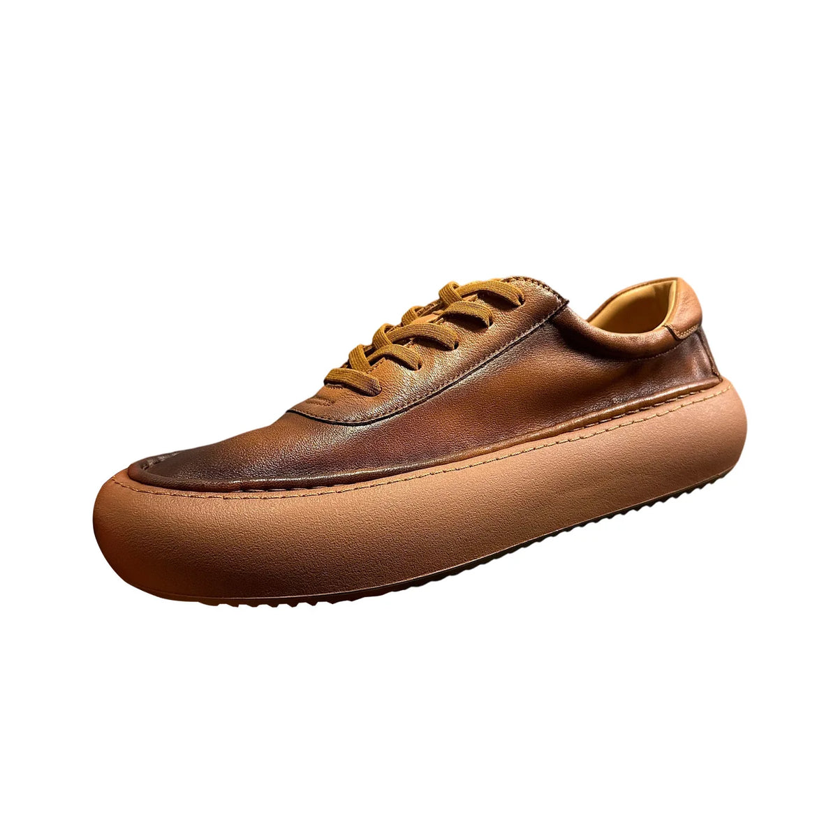 Qinhong Kuqi Men's Genuine Leather Casual Sneakers Dark Brown Thick Sole Mid Heel Handmade Front Laces Solid Color Chunky Shoes