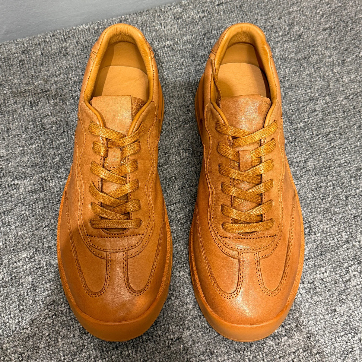 Retro Genuine Leather Platform Sneakers Brown Low Heel Casual Shoes For Men Solid Color Lace Up Chunky Sole Adhesive