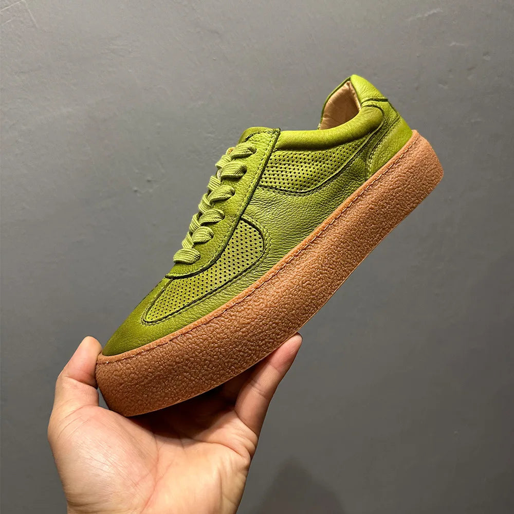 Genuine Leather Perforated Breathable Front Laces Casual Sneakers Green Thick Sole Adhesive Sole Low Heel Youth Fashion Chunky