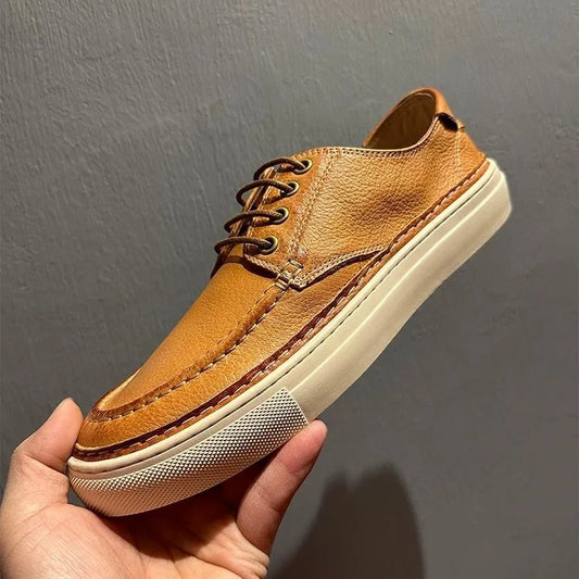 Men's Genuine Leather Casual Shoes Brown Low Top Flat Heel Front Laces Solid Color Breathable Walking Style Sneakers
